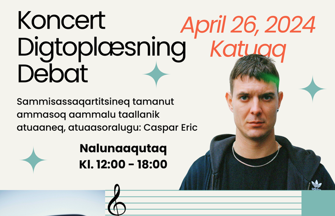 Plakat til kreativ workshop i Nuuk i april 2024, hvor der vil være digtoplæsning, koncert og politisk debat