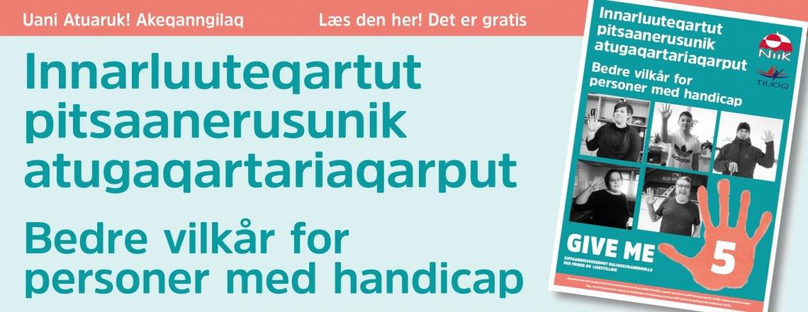 Dette billeder viser Give Me 5 handicapavisen, skrevet af Tilioq og NIIK. På plakaten står der "Bedre vilkår for personer med handicap".